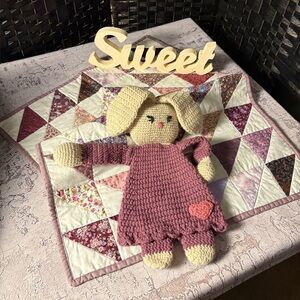 Baby Quilt, Handmade, with Hand-Crocheted Bunny Lovey